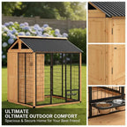 7' X 6' Extra Large Dog House, Wood Outdoor Dog Kennel with Storage Cabinet, Stainless Steel Bowls, Light Yellow
