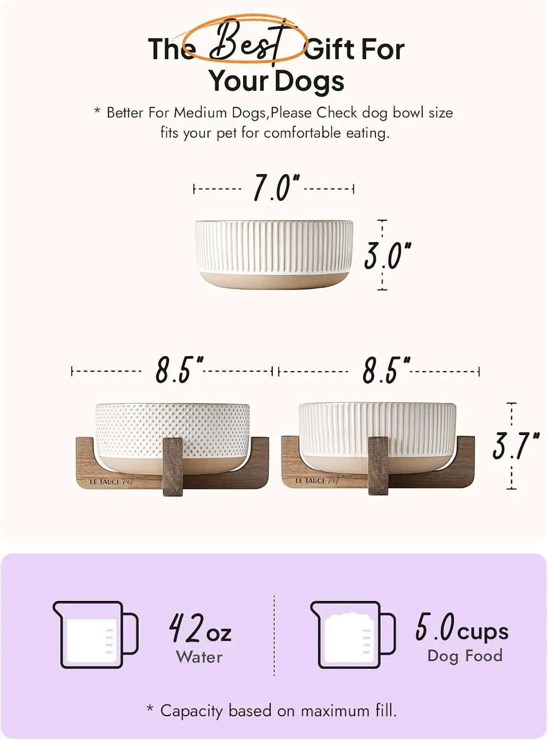 Ceramic Dog Bowls for Medium Large Dogs - 5 Cup Large Dog Food and Water Bowls with Wood Stand, Cute Pet Dishes Set of 2, Lines+Dot