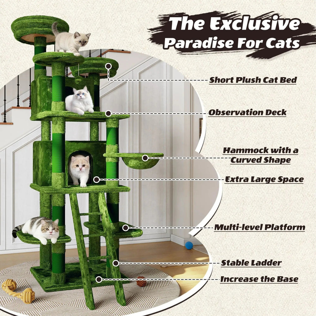 Large 70.87in Cat Tree W/2 Private Condos,3 Perches&Hanging Hammock,Skin-Friendly Short Plush&No Sharp Edges,Natural Sisal Scratching Areas,Safe & Stable for Multi-Cat Families,Kittens to Senior Cats