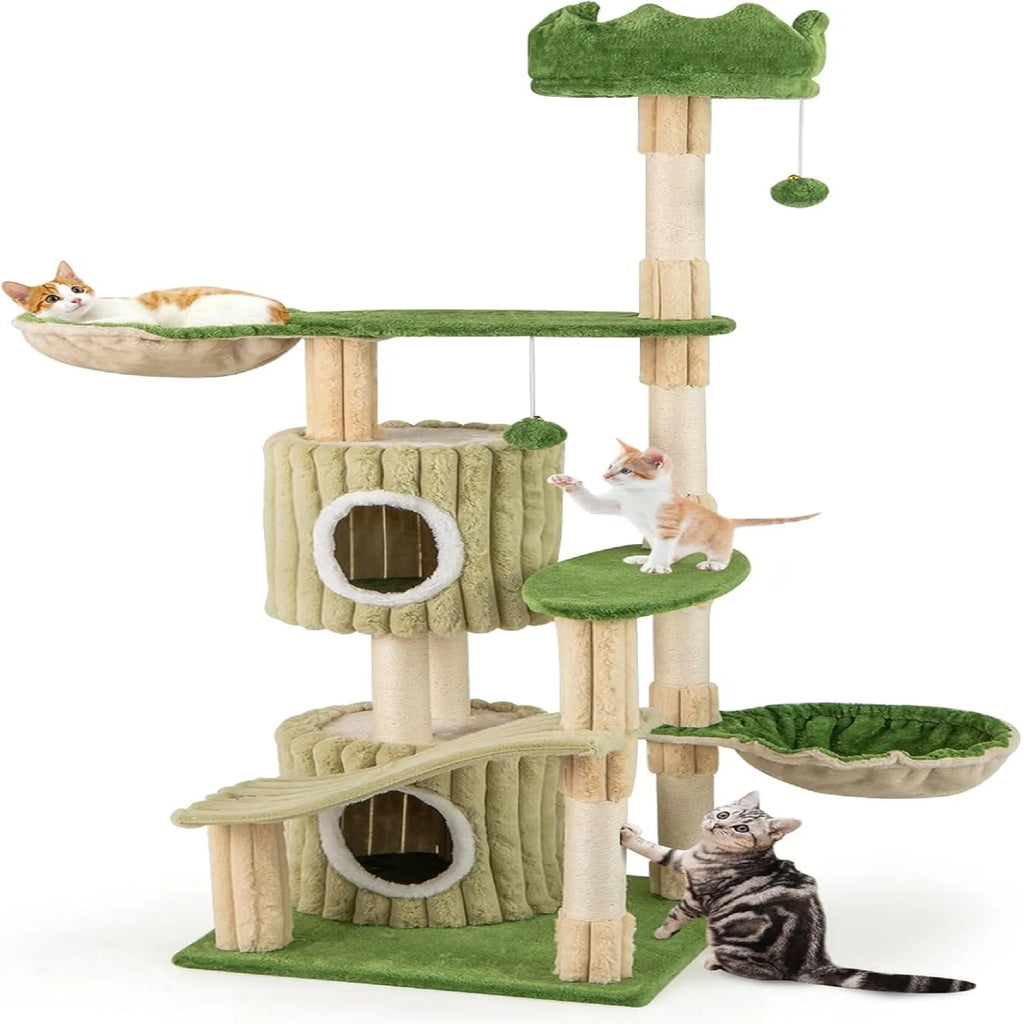63 inch Tall Cat Tree,Multi-Level Aesthetic Stripped Cat Tower with Sisal Scratching Posts, 2 Condos,2 Side Baskets,and 2 Balls