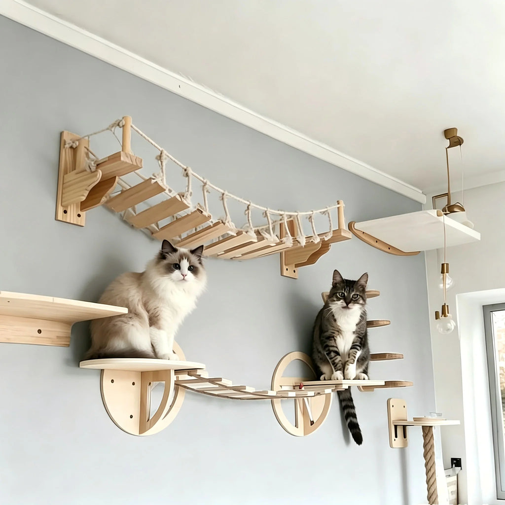 39.4In Wall-mounted Cat Roped Bridge for Indoor Cats Steps with Sisal Wall Wooden Furniture for Sleeping Playing Climbing