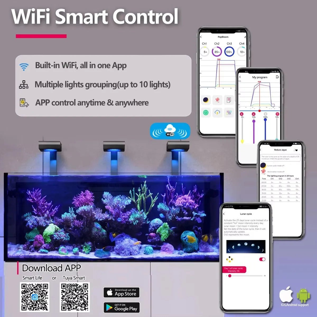 RL90 WiFi Reef Aquarium Light 100W, Marine Aquarium LED Full Spectrum for Reef Coral SPS/LPS Fish Tank LED
