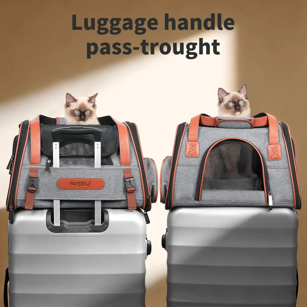 Premium Pet Carrier for Medium to Large Cats, Durable Leather & Oxford Fabric, Top & Side Load, Foldable, for Travel & Car