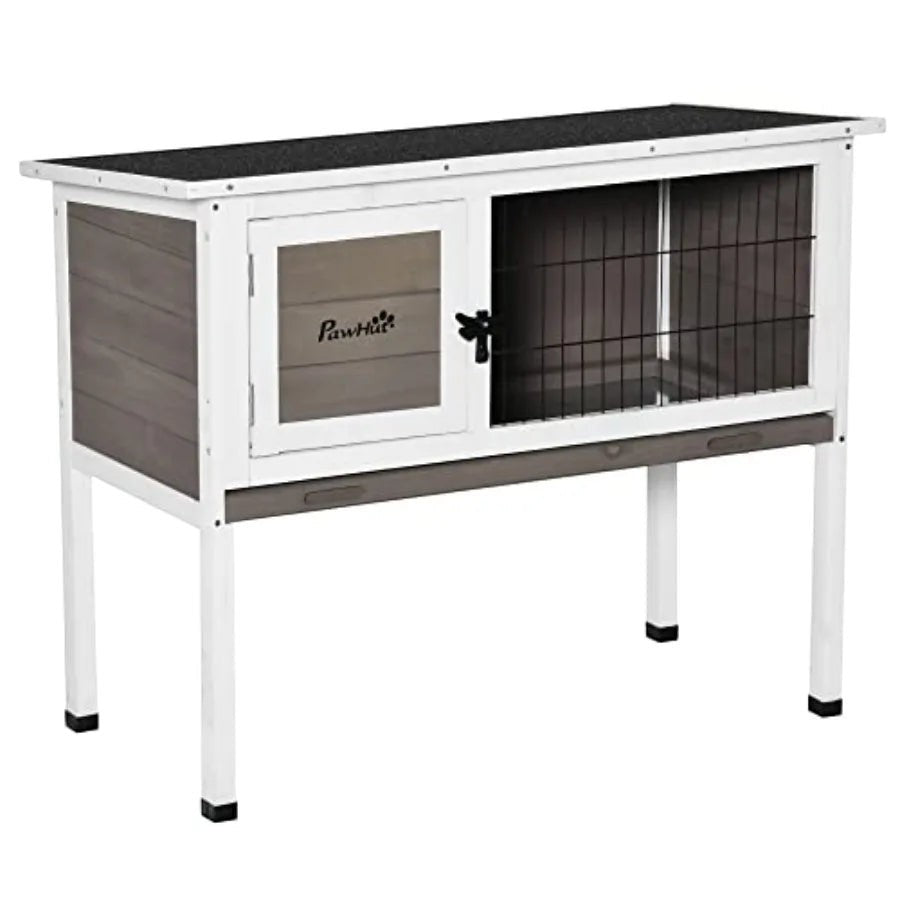 Elevated Wooden Rabbit Hutch, Indoor/Outdoor Bunny Cage with Hinged Asphalt Roof and Removable Tray for Guinea Pig
