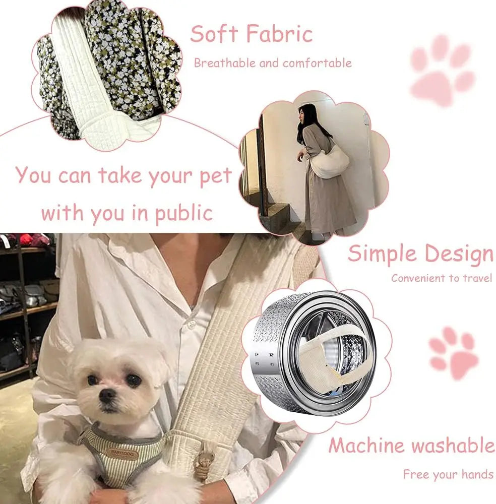 Canvas Dog Sling Carrier for Small Pets Hands Free with Safety Hook and Pocket for Outdoor Travel