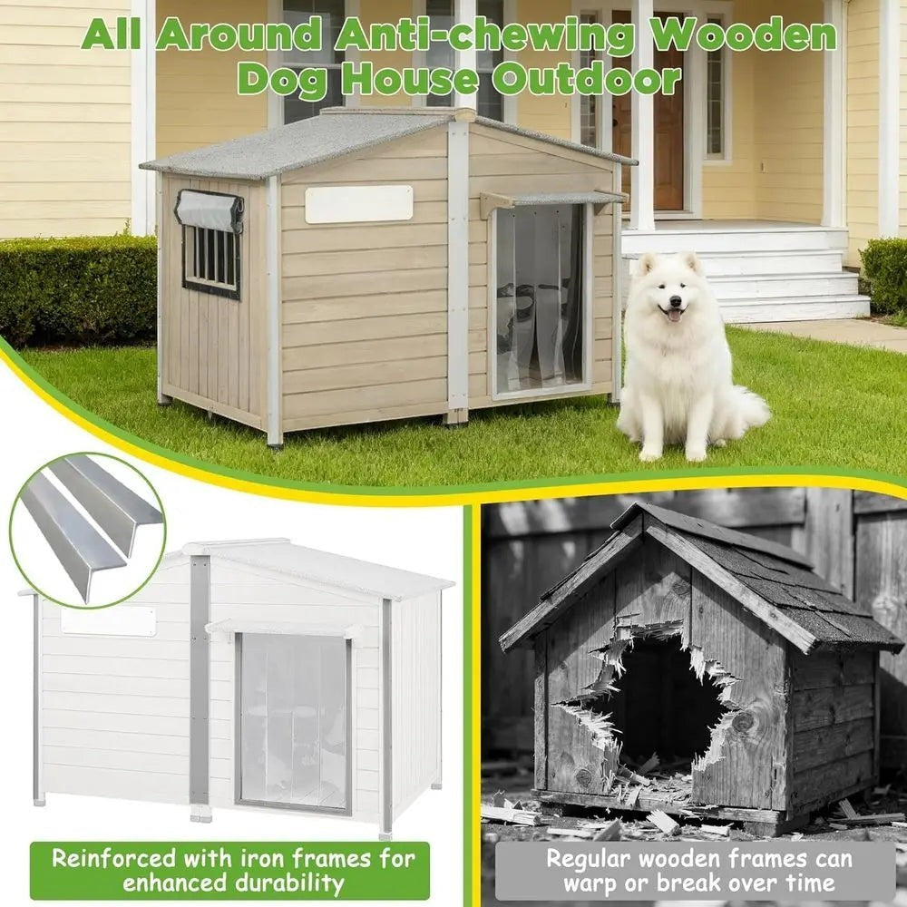 Extra Large Weatherproof XL Wooden Dog House for Small to Large Dogs with Metal Roof and Reinforced Base