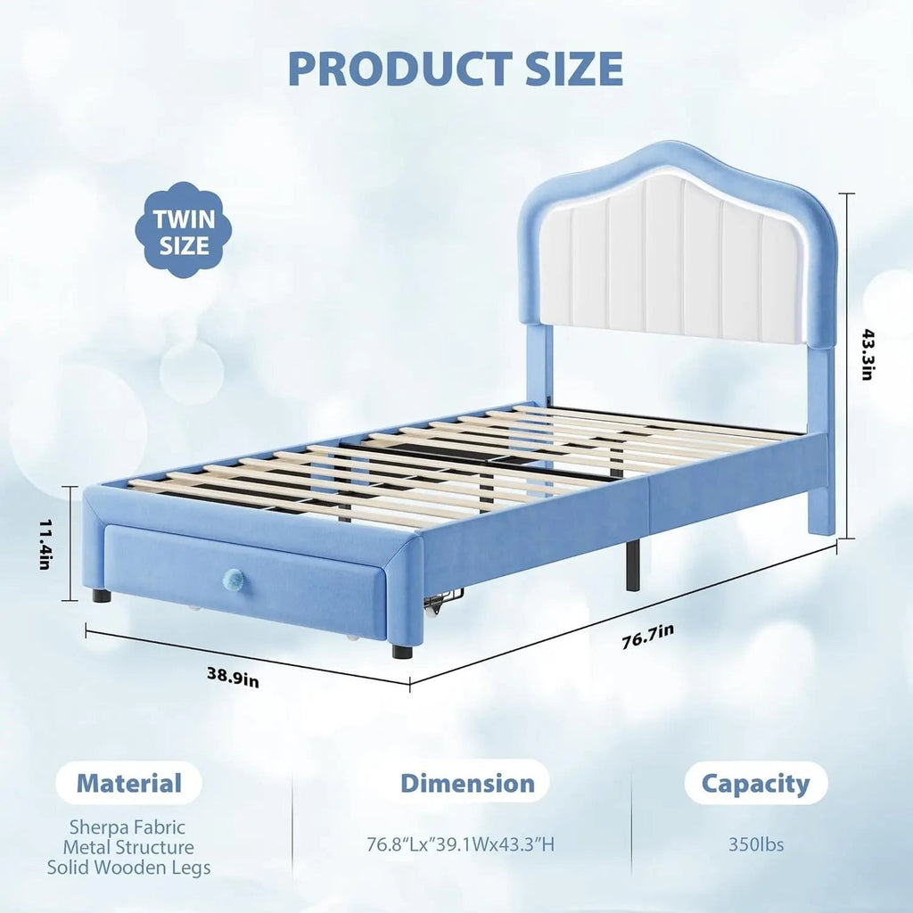 Kids Upholstered Bed Frame with LED Crown Headboard, Velvet Fabric and Metal-Wood Construction, Modern Princess Style Platform B