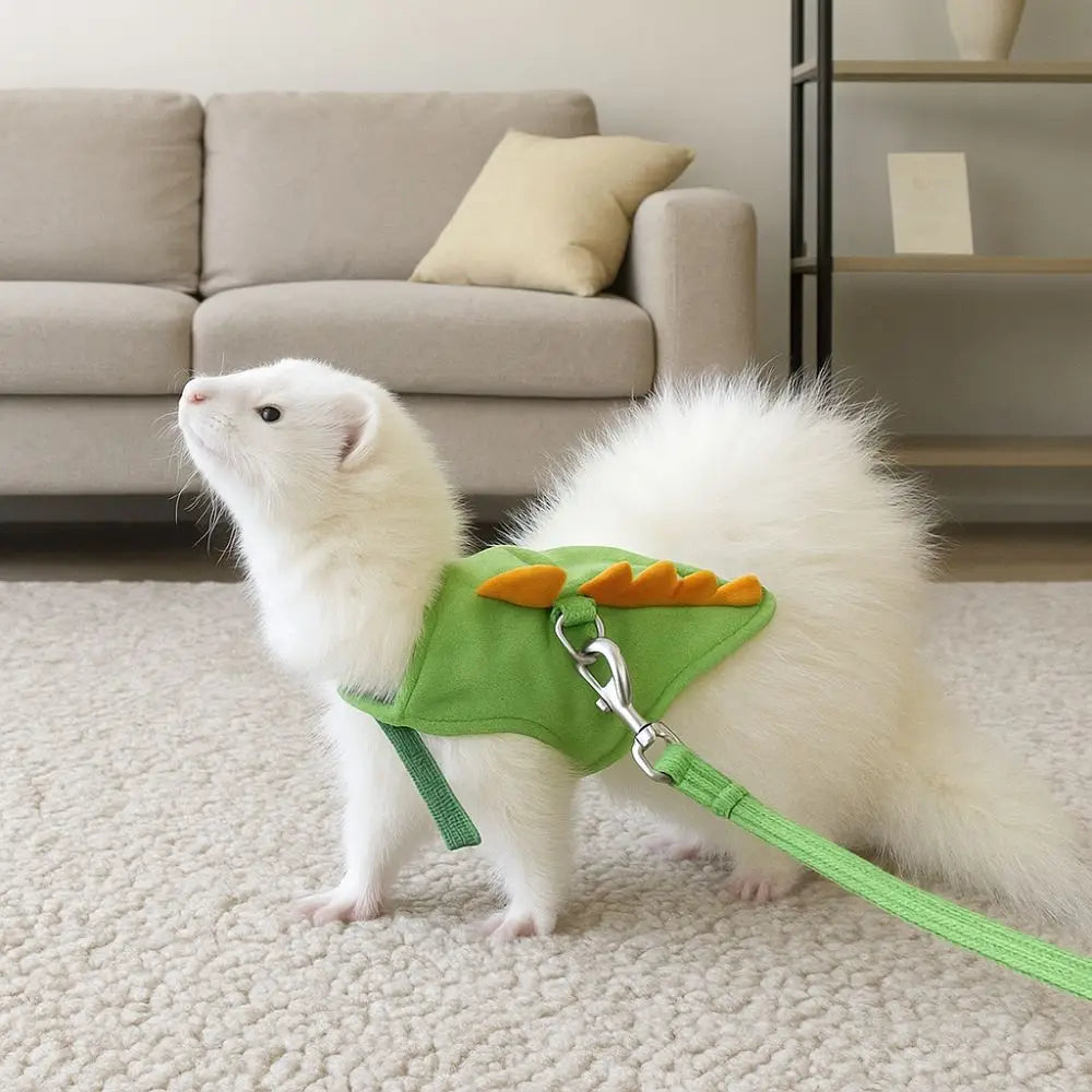 Soft Cartoon Ferret Vest Harness Adjustable Flannel Hamster Chest Strap Dragon Design with Bell Ferret Traction Rope Training