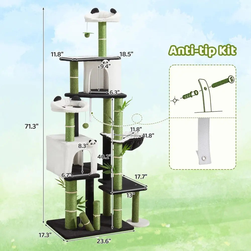 71.3 Tall Cat Tower with Panda Design: Spacious Kitty Condo, Sisal Scratching Post, Hammock, and Multi-Level Platforms