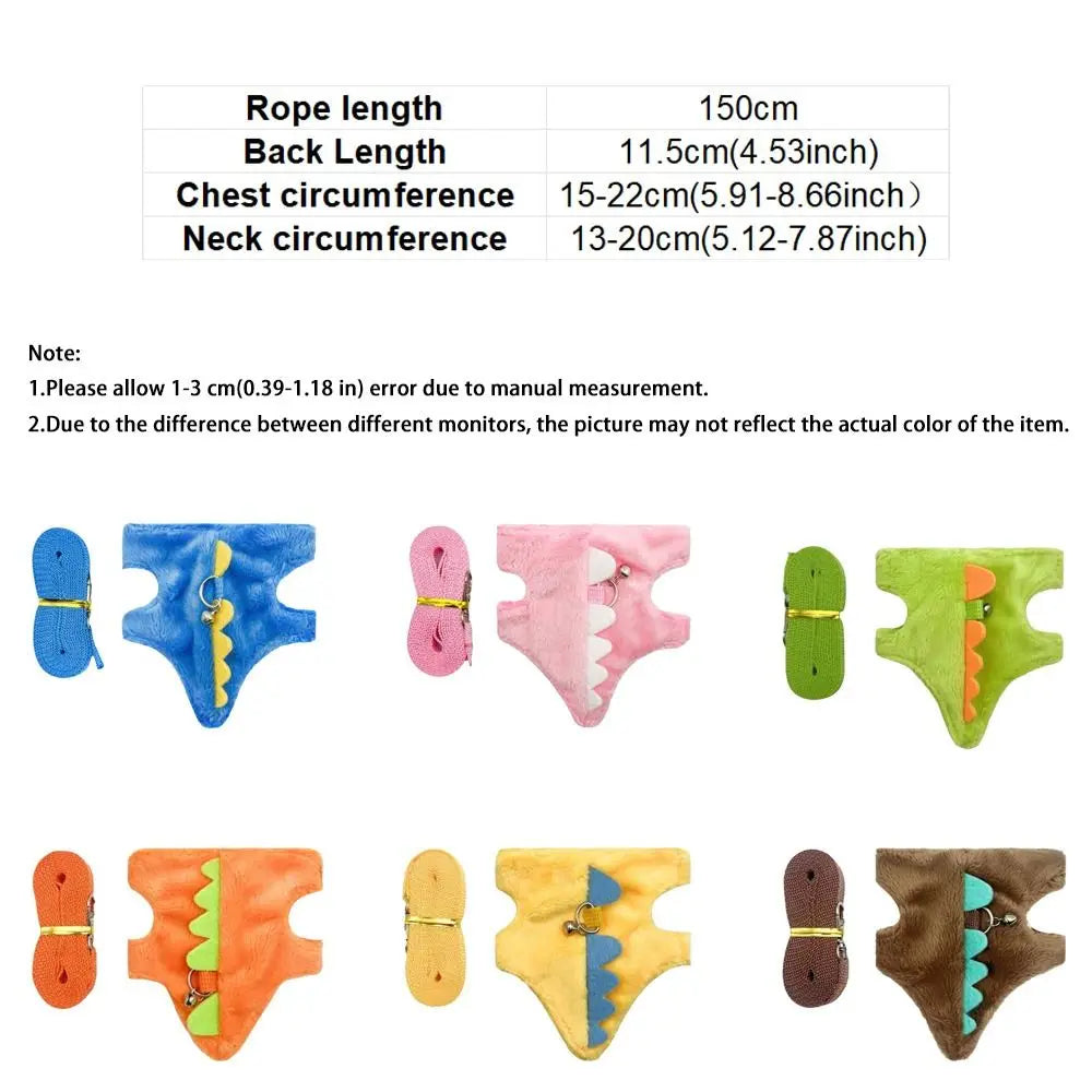 Adjustable Ferret Vest Harness Dinosaur Shape Escape-Proof Pet Traction Rope Comfortable with Bell Guinea Pig Safety Vest