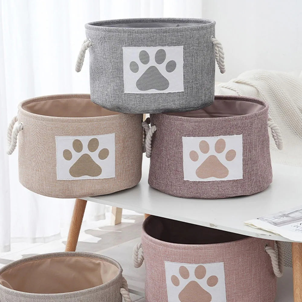 Dog Toy Basket Medium Round Dog Toy Storage with Handles Durable Paw Patch Bin Box for Organizing Pet Supplies Pet Toys Collars