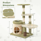 38 Inch Cat Tree with Scratching Posts, Self Groomer, Condo & Basket, Green