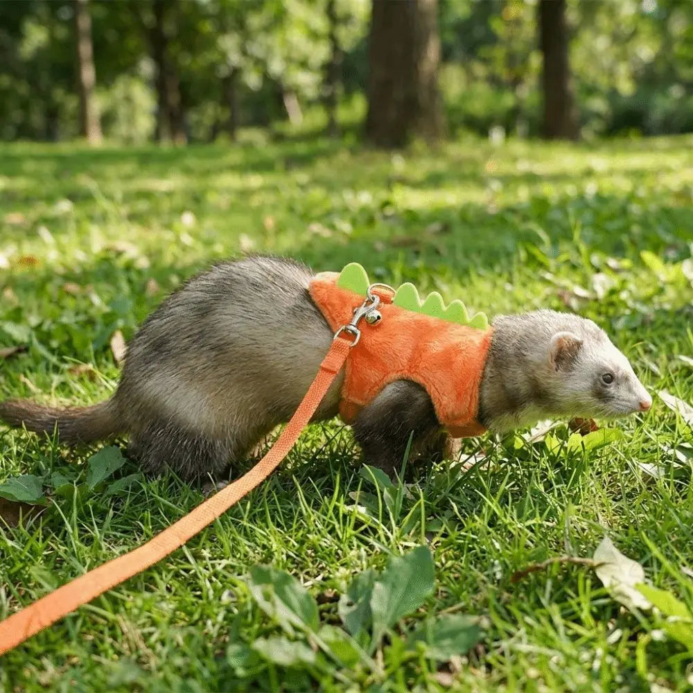 Adjustable Ferret Vest Harness Dinosaur Shape Escape-Proof Pet Traction Rope Comfortable with Bell Guinea Pig Safety Vest