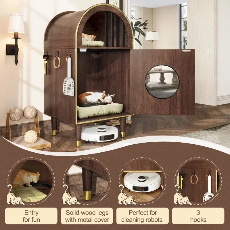 Cat Litter Box Enclosure , 2-in-1 Condo Cat Bed, Cat Shelter Furniture with Two-Level Cozy Haven for 2 Cats, Cute Kitty Condo for Sleeping, Luxury Cat House& Furniture, Espresso