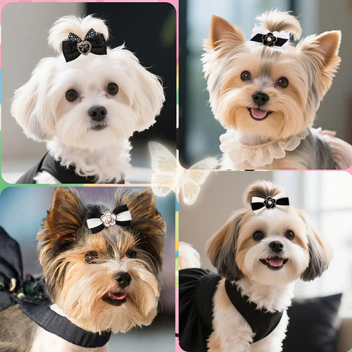 10PCS Dog Bows Wirh Metal Clips Black Style Plush Pearl Puppy Bows Hair Accessories For Dogs Pet Small Dog Bowknots