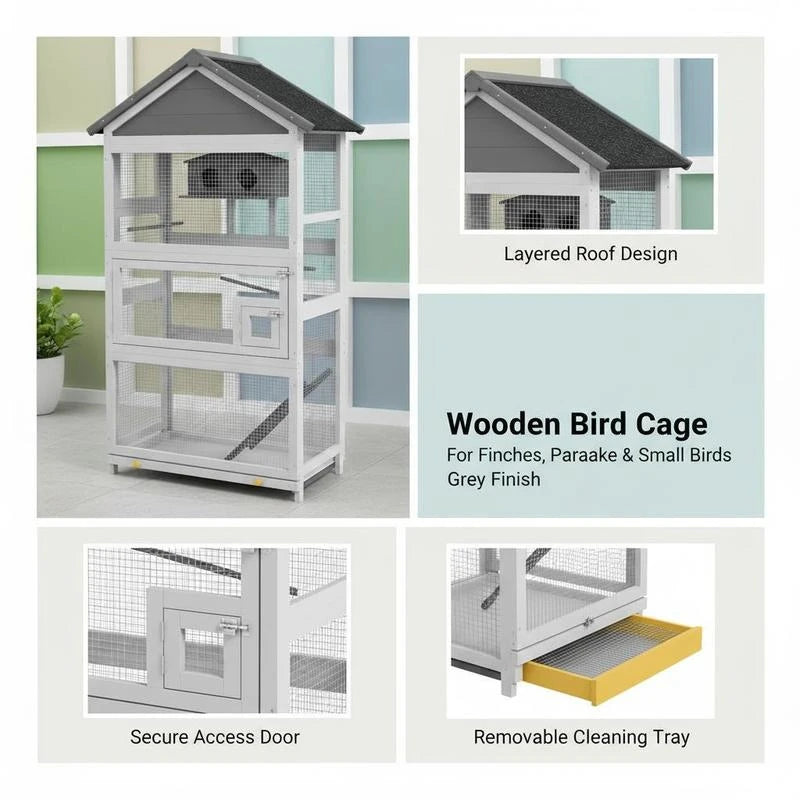 Wooden Bird Cage, with Stand, for Finches, Parakeets, Small birds - Grey