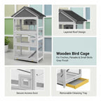 Wooden Bird Cage, with Stand, for Finches, Parakeets, Small birds - Grey