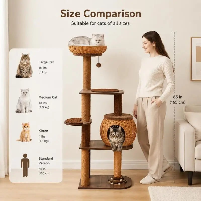 Multi-Level Cat Tree with PE Rattan Condo and Sisal Scratching Posts, Hanging Toy and Top Perch for Indoor Climbing Play, Brown, 59.5 Inch