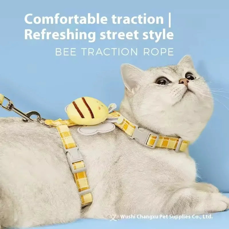 Cute Bee Cat Harness Leash Set I Shape Escape Proof Adjustable Chest Strap Lightweight Breathable Outdoor Walking Rope For Cat