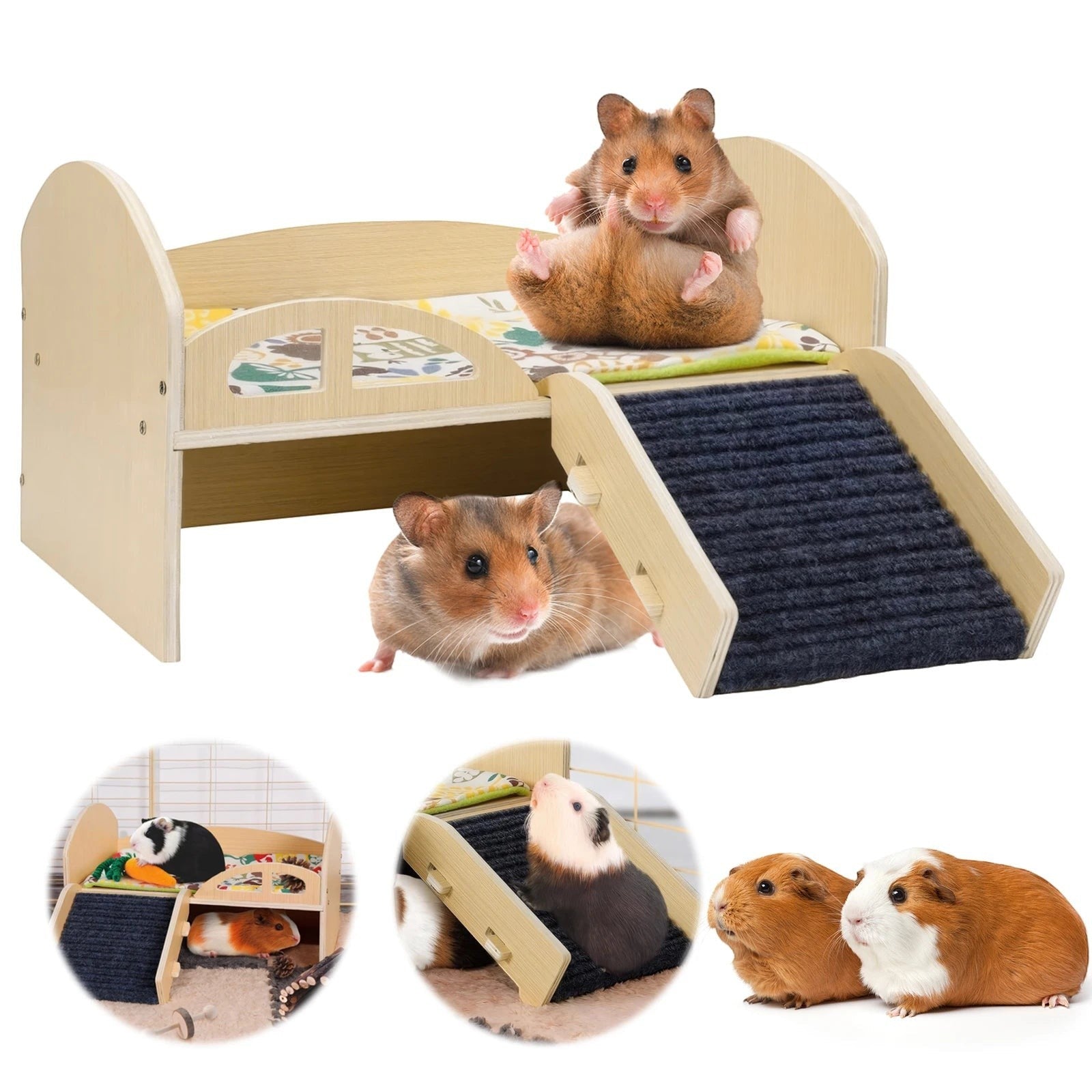 Guinea Pig Bed with Stable Stairs & Mat Wood Pet Toy Bed Reusable Multi-Level Guinea Pig Castle for Hamsters Bunny Chinchillas