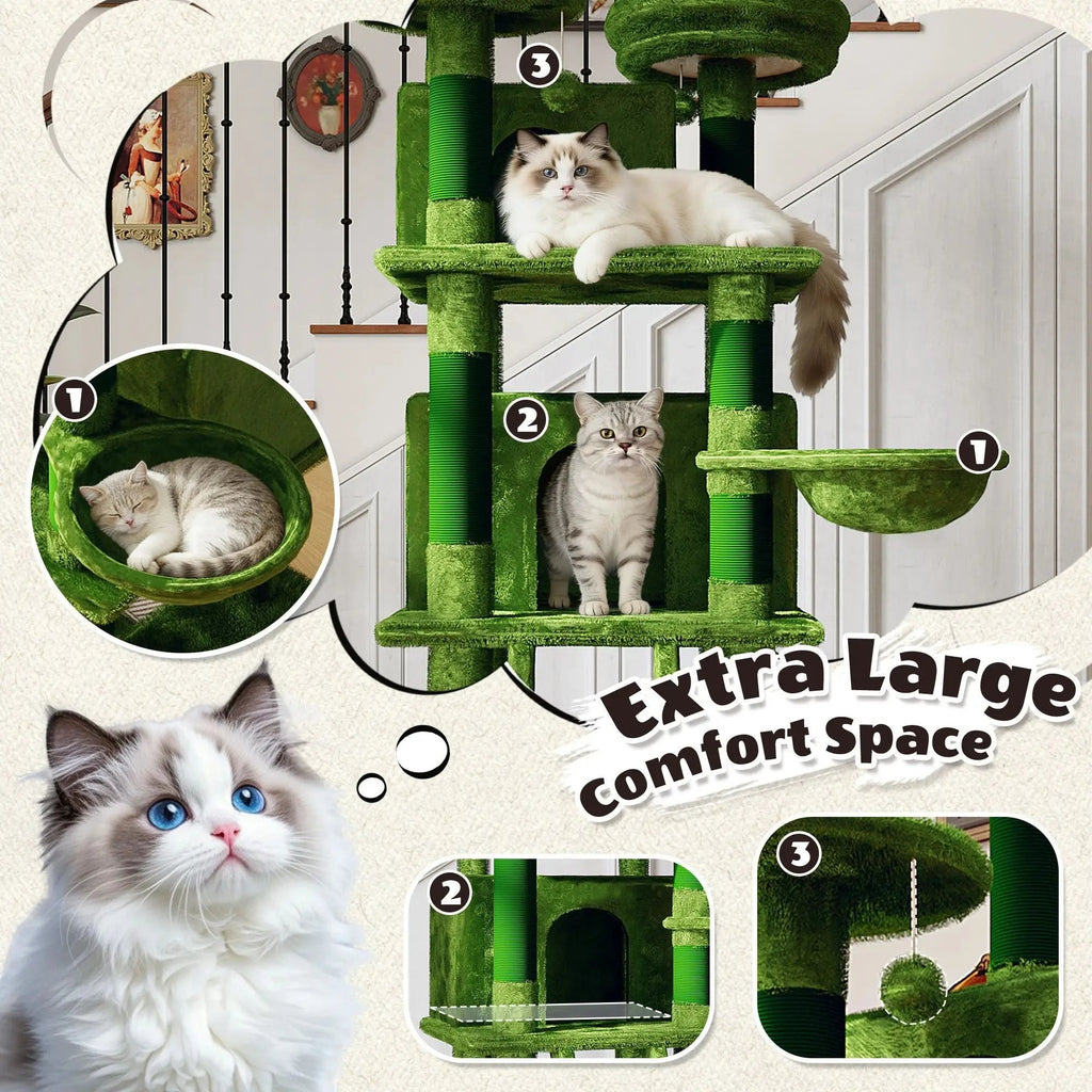 Large 70.87in Cat Tree W/2 Private Condos,3 Perches&Hanging Hammock,Skin-Friendly Short Plush&No Sharp Edges,Natural Sisal Scratching Areas,Safe & Stable for Multi-Cat Families,Kittens to Senior Cats