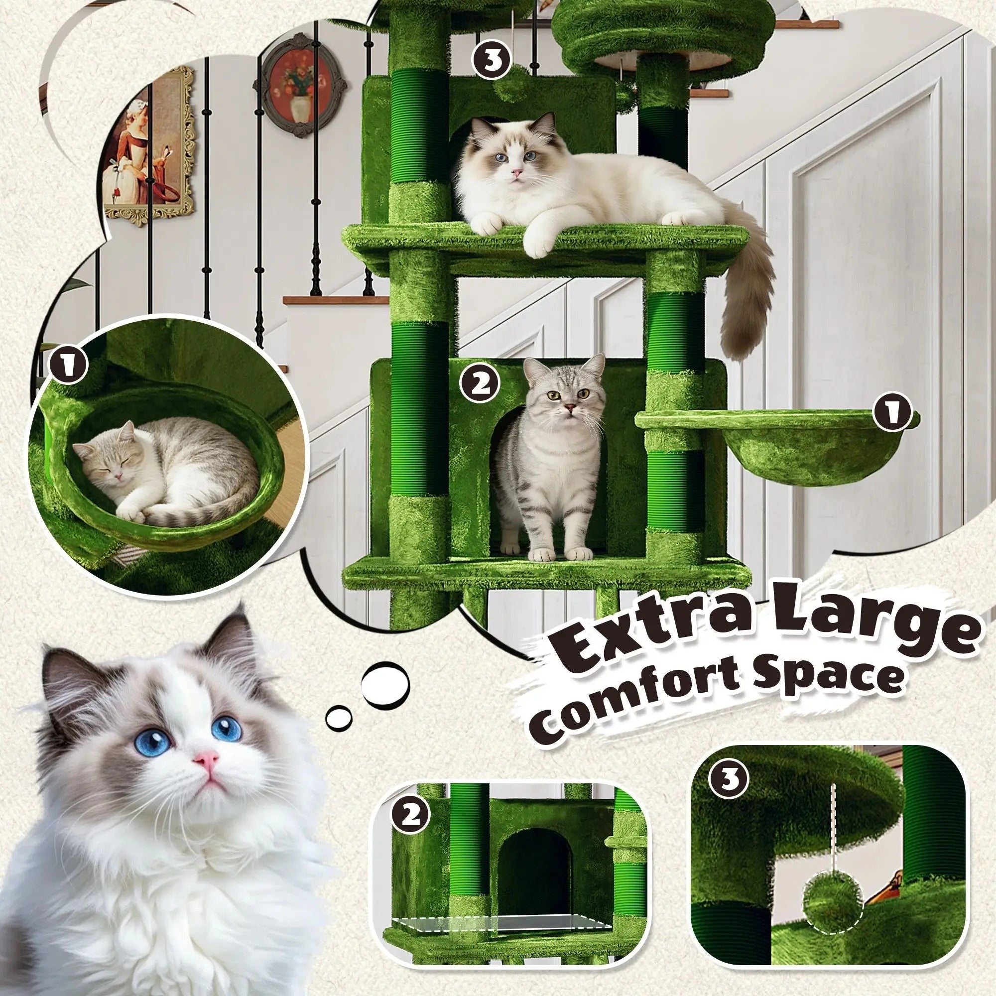 Large 70.87in Cat Tree W/2 Private Condos,3 Perches&Hanging Hammock,Skin-Friendly Short Plush&No Sharp Edges,Natural Sisal Scratching Areas,Safe & Stable for Multi-Cat Families,Kittens to Senior Cats
