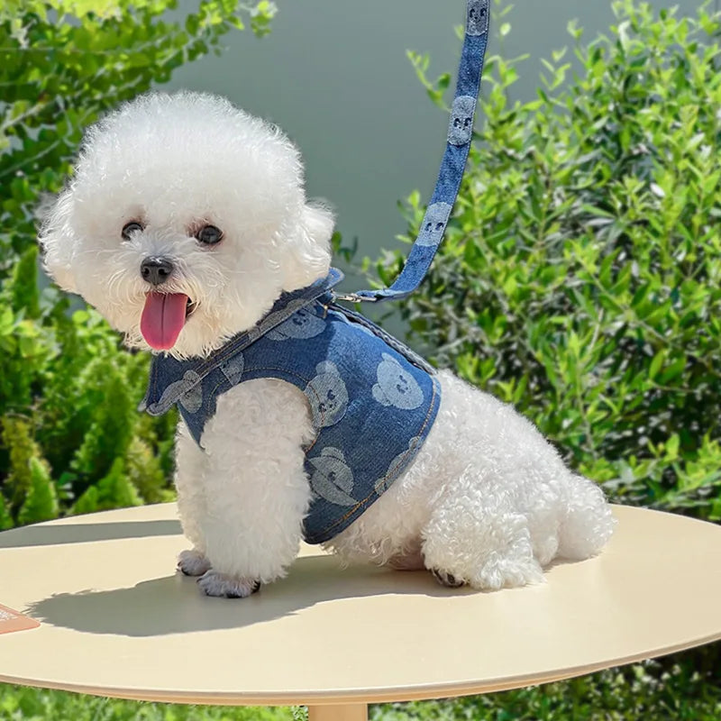 Denim Dog Harness and Lesh Set Pet Clothes Dog Chest Strap Traction Rope Cat Vest Harnesses Chihuahua Ragdoll Walking Supplies