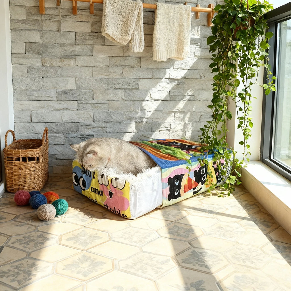 BOOTEELY Cartoon Hamburger Black Cat Snack Box Plush Cat Bed Spacious Cozy Pet Nest For Cats' Comfortable Rest With Cute Design