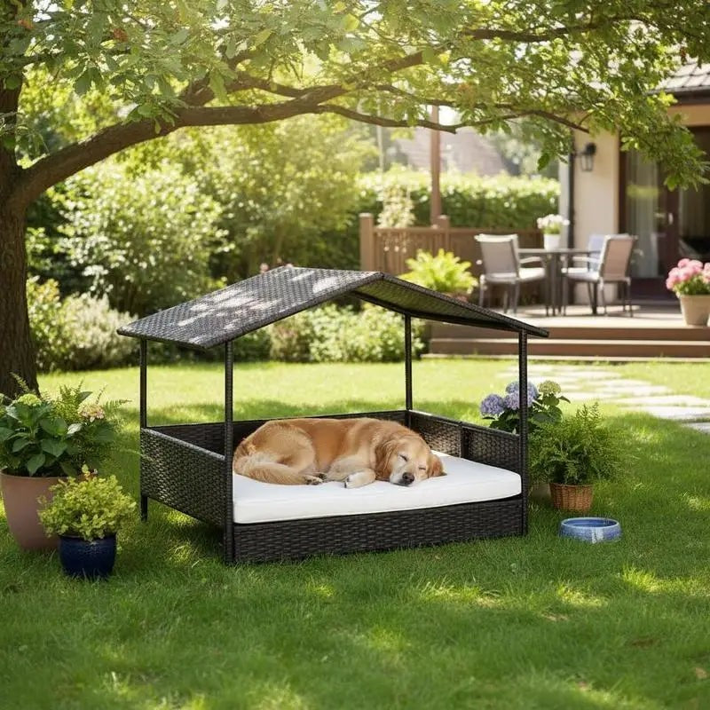 Rattan Outdoor Dog Bed with Canopy