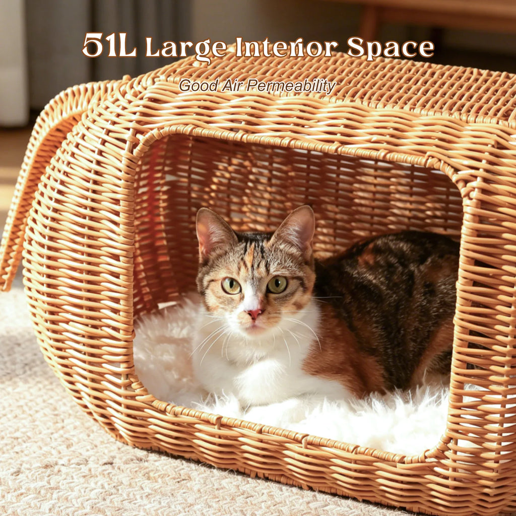 Elephant Rattan Cat Condo: Woven-Style Wicker Hideaway with Cushion