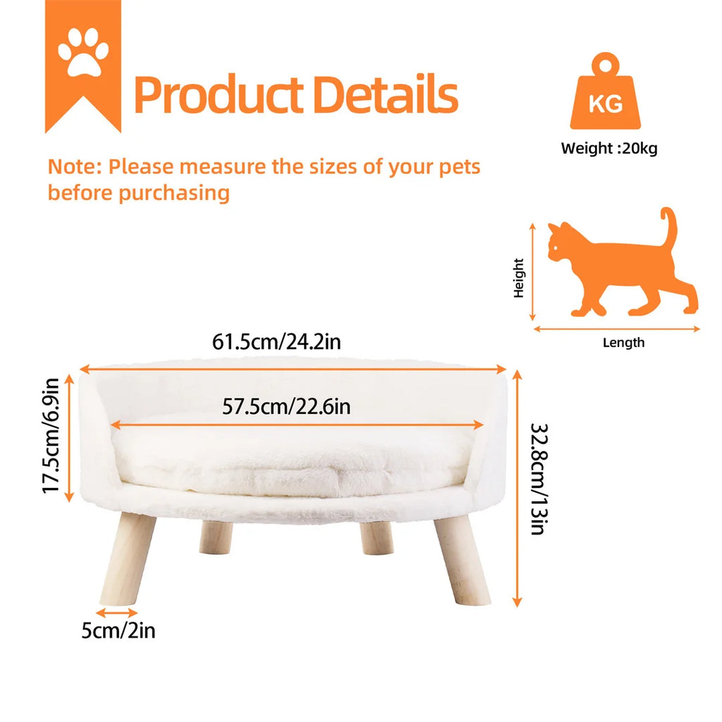 Luxury Soft Warm Plush Cat Bed Nesting Chair with Wood Legs Washable Waterproof Cushion Pad Pet Bed for Small Animals