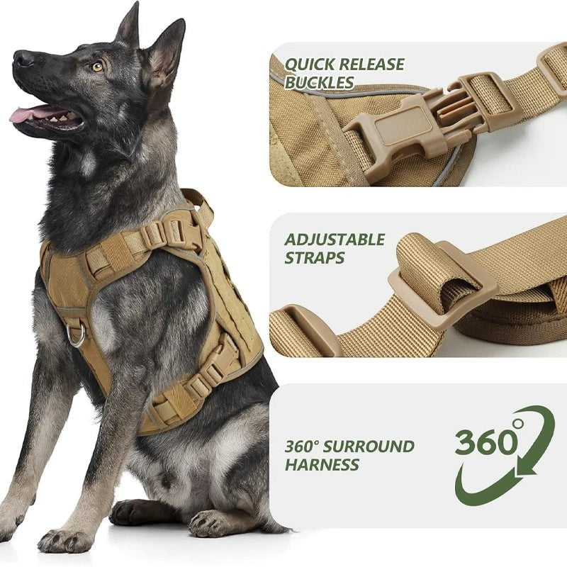 Tactical Dog Harness Heavy Duty Military No Pull Dog Harness Leash Set Adjustable Breathable Training Vest Comfort Top Handle Escape Proof for Large Dogs Malinois German Shepherd Outdoor Walking Hunting Camping Pet Accessory