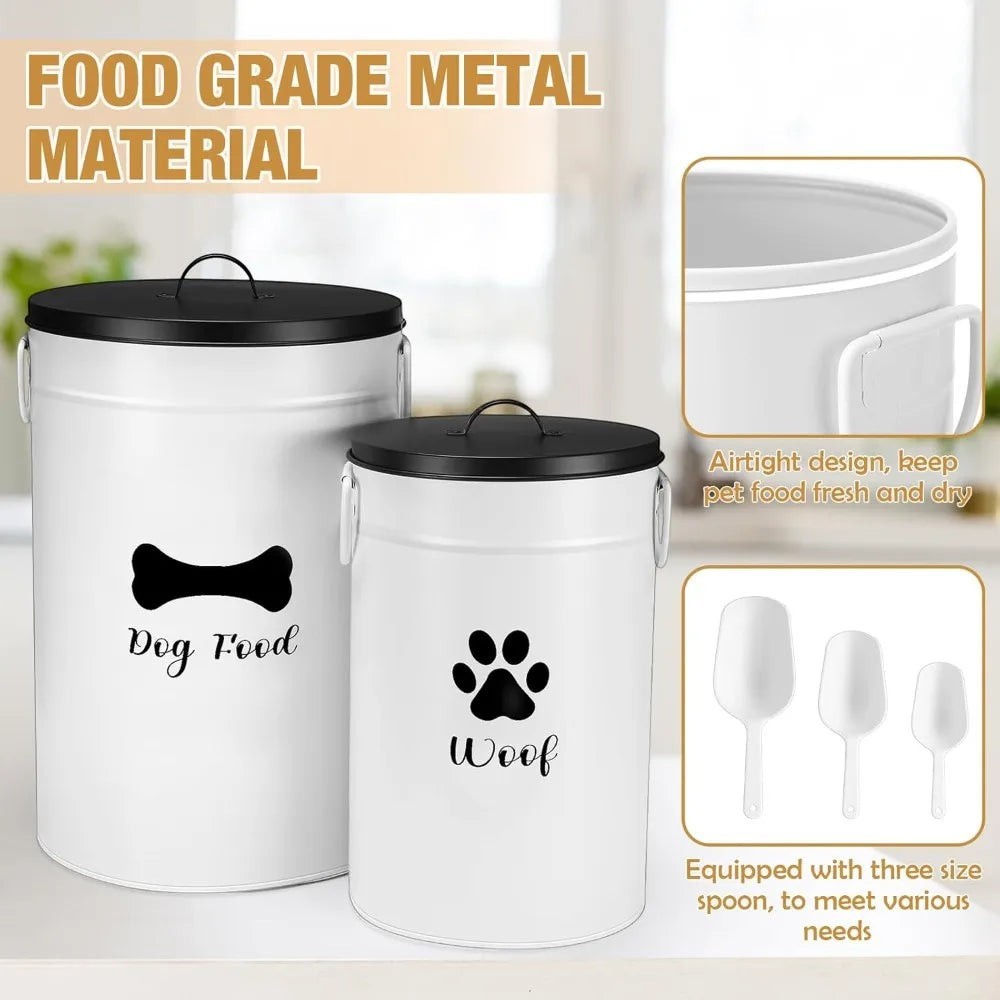Extra Large 30+14 lbs Metal Dog Food Storage Containers Set of 2 Airtight Treat Jars with Lids & Scoops, Farmhouse Style