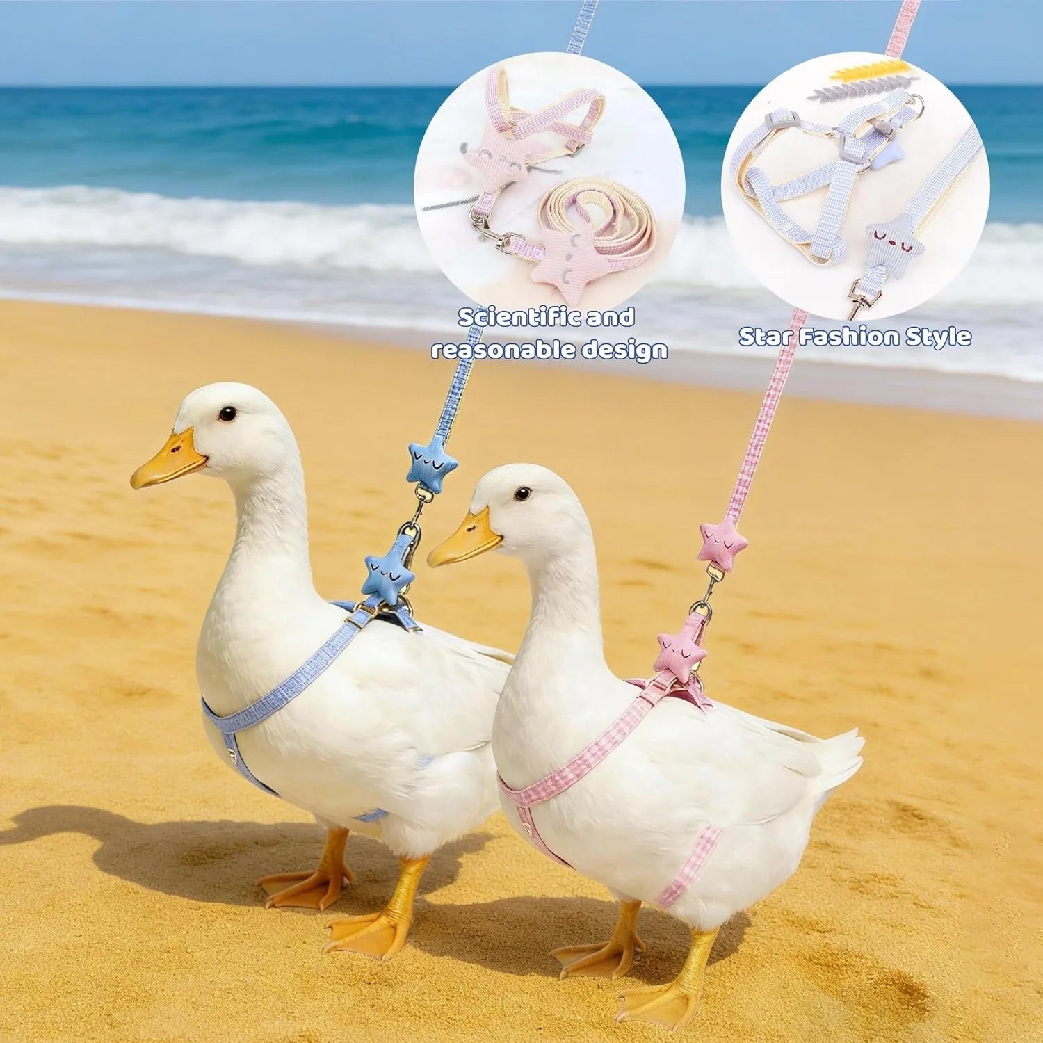 Pink&Blue Adjustable Chicken Harness Leash Set, Easy Wear Star Vest, Duck Harness for Duck Goose（2Pcs）