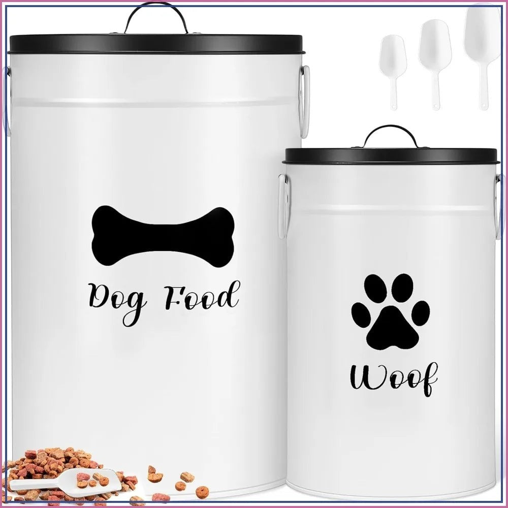 Extra Large 30+14 lbs Metal Dog Food Storage Containers Set of 2 Airtight Treat Jars with Lids & Scoops, Farmhouse Style