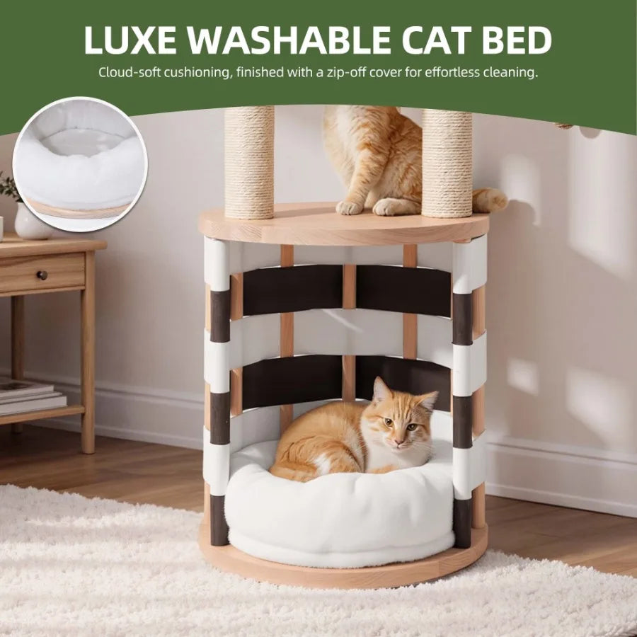 40 in Solid Pine Wood Cat Tree Multi-Level Cat Tower with Cat House Observation Perches Plush Bed and Sisal Scratching Posts In