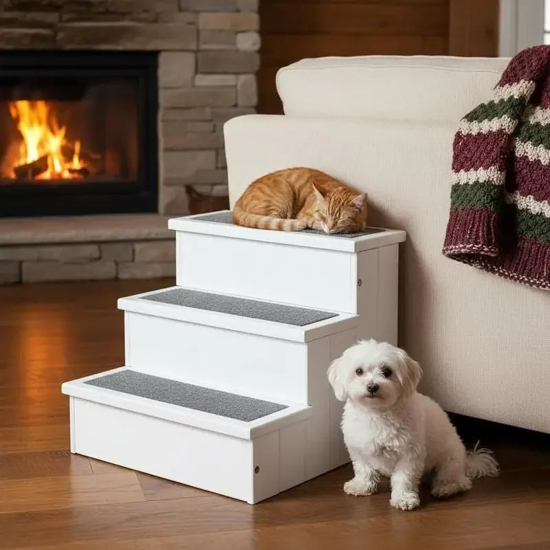 3 Step Wooden Dog Steps Pet Stairs for Dogs, Cat Ladder for Bed Couch with Storage White