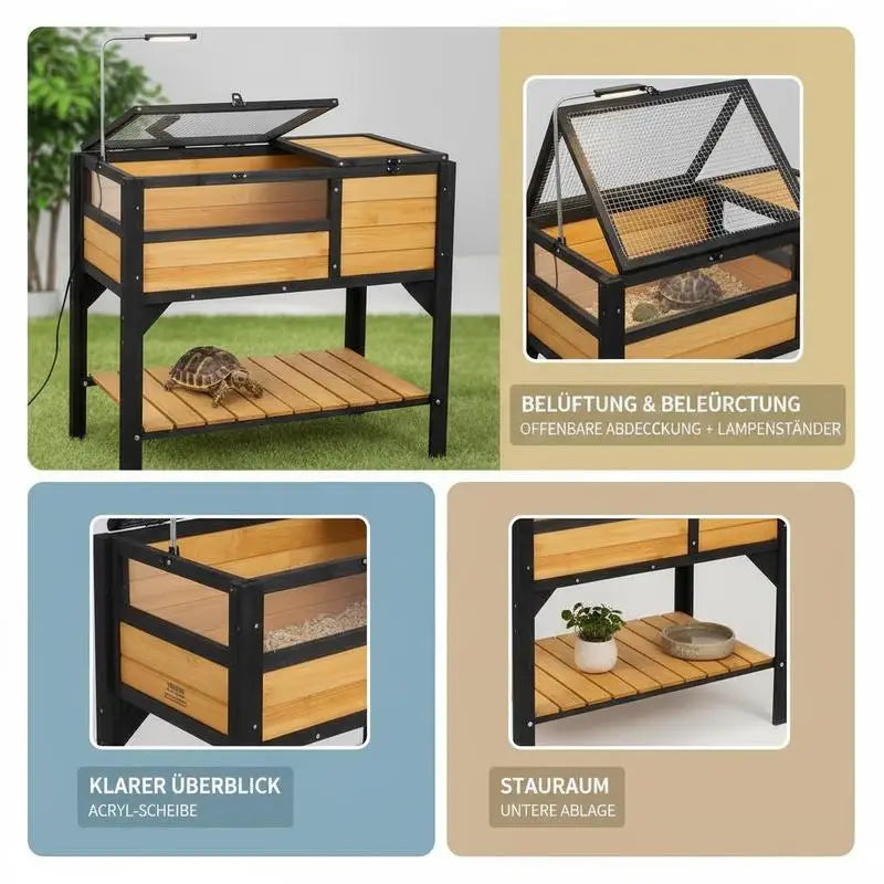 Tortoise Habitat, Wooden Tortoise House Indoor & Outdoor, Tortoise Enclosure with Light Stand, Reptile Enclosure Small Animal Cage with Stand Legs for Gecko, Lizard, Snake