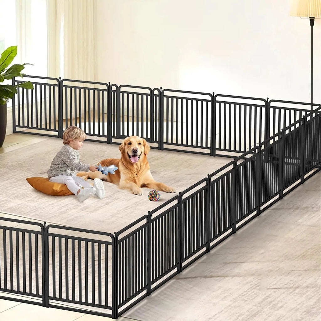 32 Inch Dog Playpen with Door, Heavy Duty Metal Exercise Pen for Large Medium Small Dogs, Foldable Outdoor Yard Fence 16 Panels