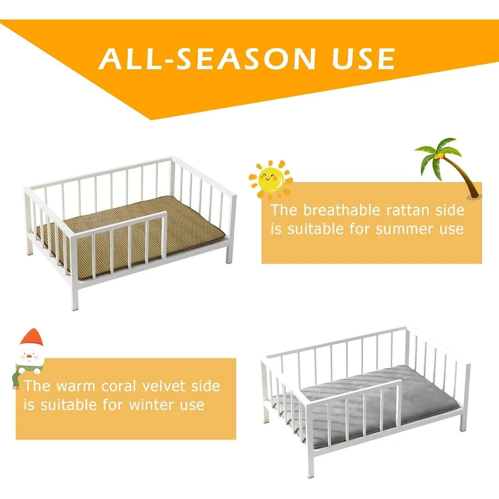 Elevated Dog Bed with Rails, Metal Frame & Solid Wood, Washable Mat, Medium 25.2x37.8in, White