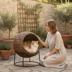 PawHut Water Hyacinth Cat Basket with Cushion, Cat Bed, Pet Bed, 50 cm x 42 cm x 60 cm, Brown + Beige