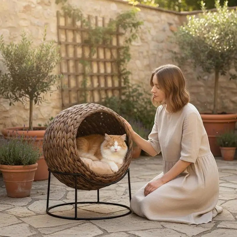 PawHut Water Hyacinth Cat Basket with Cushion, Cat Bed, Pet Bed, 50 cm x 42 cm x 60 cm, Brown + Beige