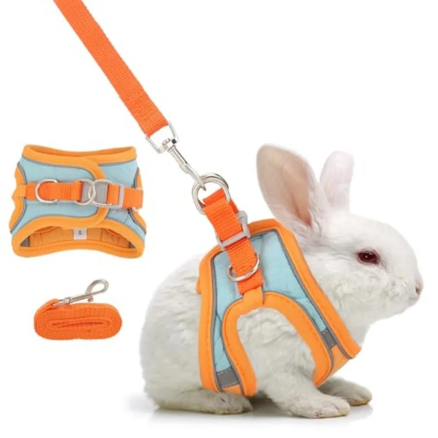 Adjustable Rabbit Harness and Leash Set Double Buckle with Reflective Strips Soft Bunny Breathable Vest Harness for Kitten Ferr