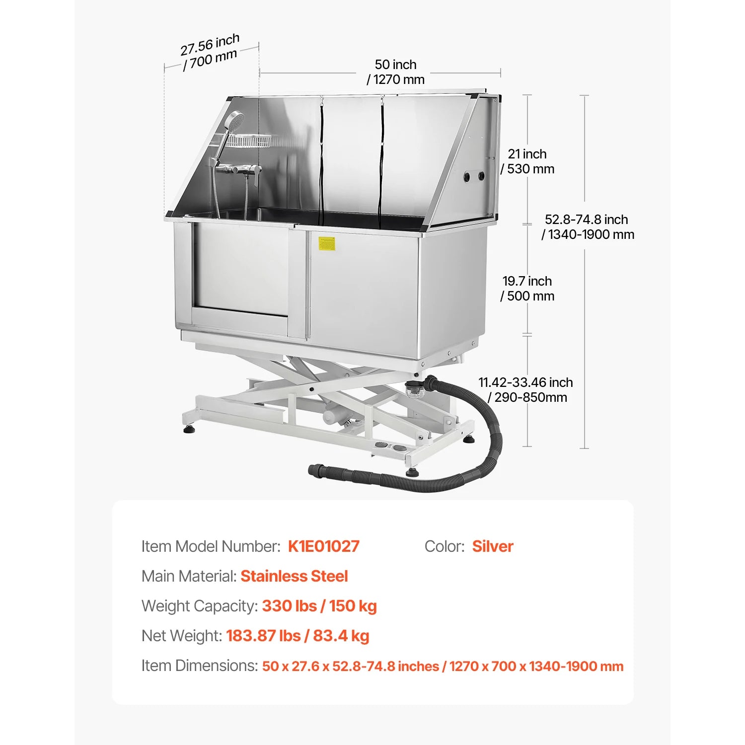 Electric Lift Dog Washing Station 50in StainlessSteel w/PE Water Filter Board Faucet&Showerhead DogBathtub