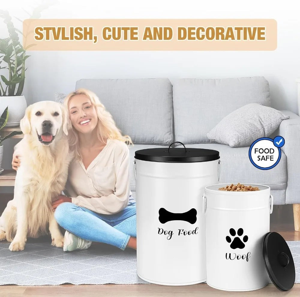 Extra Large 30+14 lbs Metal Dog Food Storage Containers Set of 2 Airtight Treat Jars with Lids & Scoops, Farmhouse Style