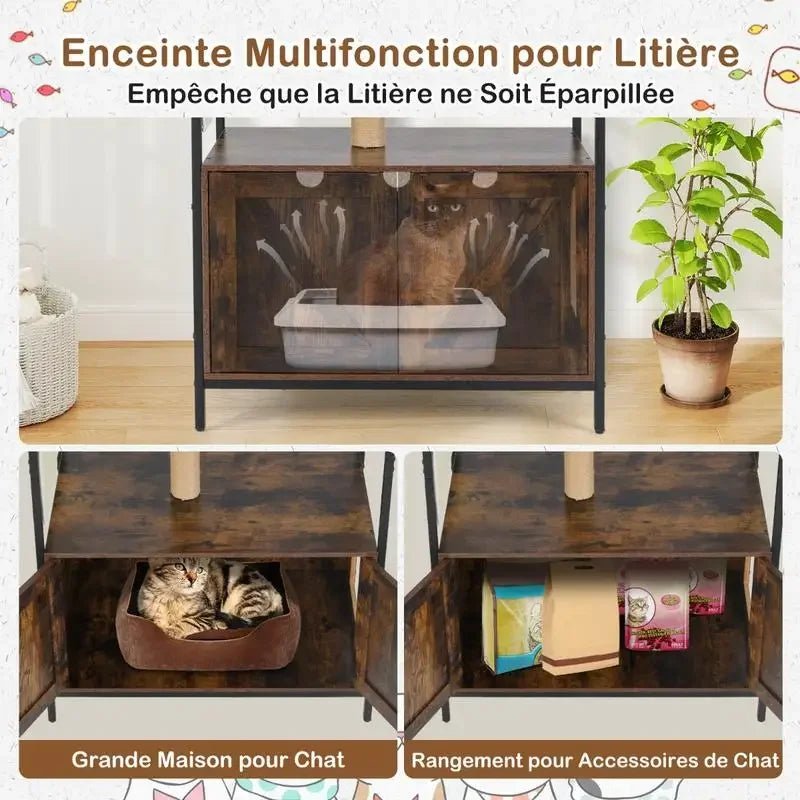 Cat Tree with Litter Box Enclosure Industrial Cat Tower Multi-level Cat Condo Furniture for Indoor Cats-Rustic Brown