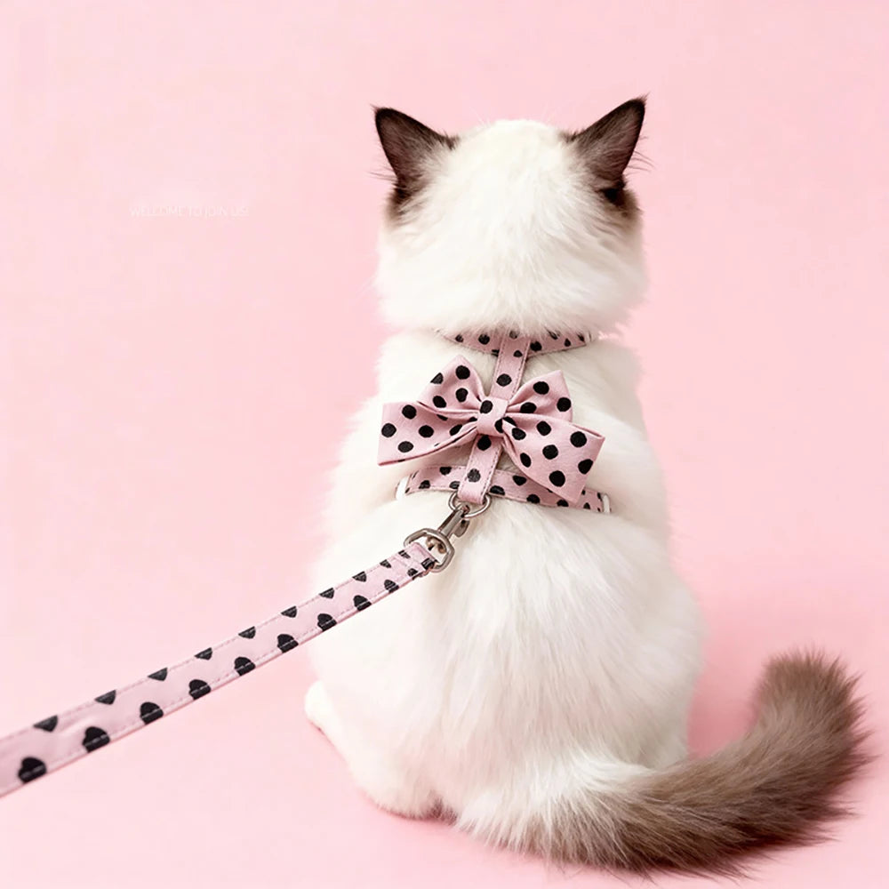 Stylish Polka Dot Pet Bow Harness & Leash Set Cute Puppy Kitten Small Dog Cat Vest Secure Adjustable Walking Cute Bow Collar