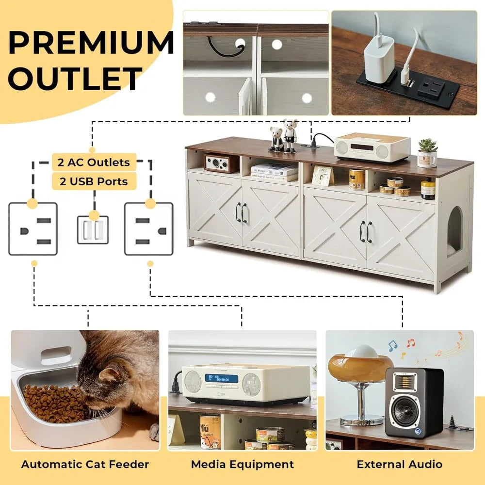 Amherst Double Litter Box Cabinet — Built-In Charging Station