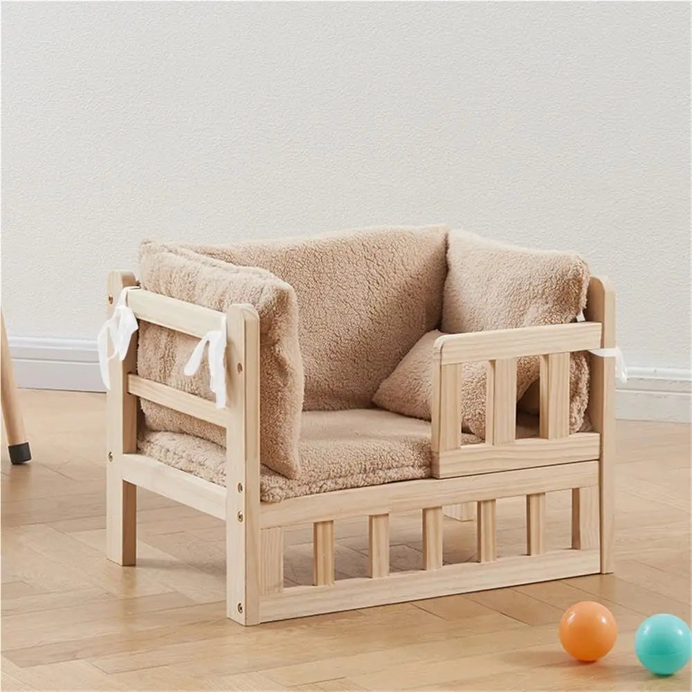 Raised Wooden Dog Bed with Steps and Railing, Easy Clean, 31.5x19.7x15.4