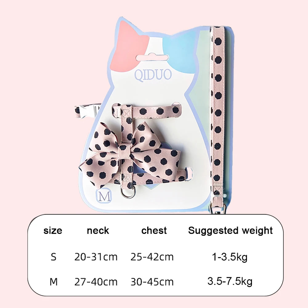Stylish Polka Dot Pet Bow Harness & Leash Set Cute Puppy Kitten Small Dog Cat Vest Secure Adjustable Walking Cute Bow Collar